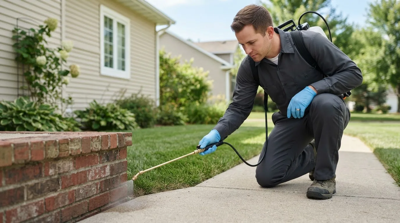 Pest control technician treating a home near Cedar Springs, MI